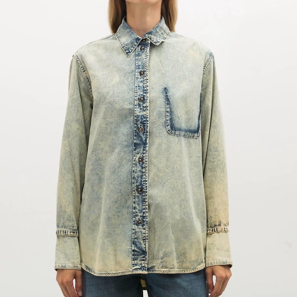 Proenza Schouler Distressed Denim Shirt with Detachable Sleeve Cuffs